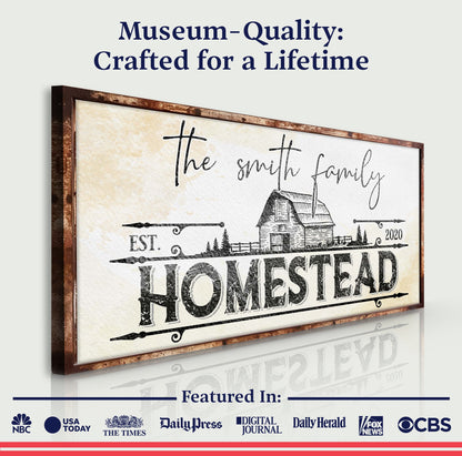 Family Vintage Rust Homestead Sign canvas with rust frame and hand-drawn farmhouse scene on Tampa Home & Garden Store