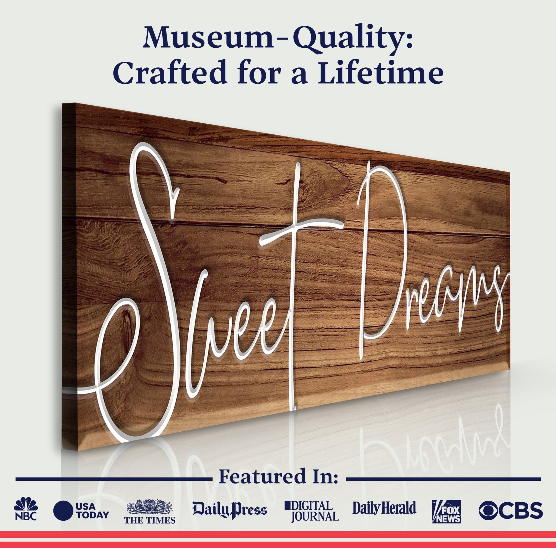 Sweet Dreams Sign VII canvas on wood plank with white script lettering Tailored Canvases on Tampa Home & Garden Store