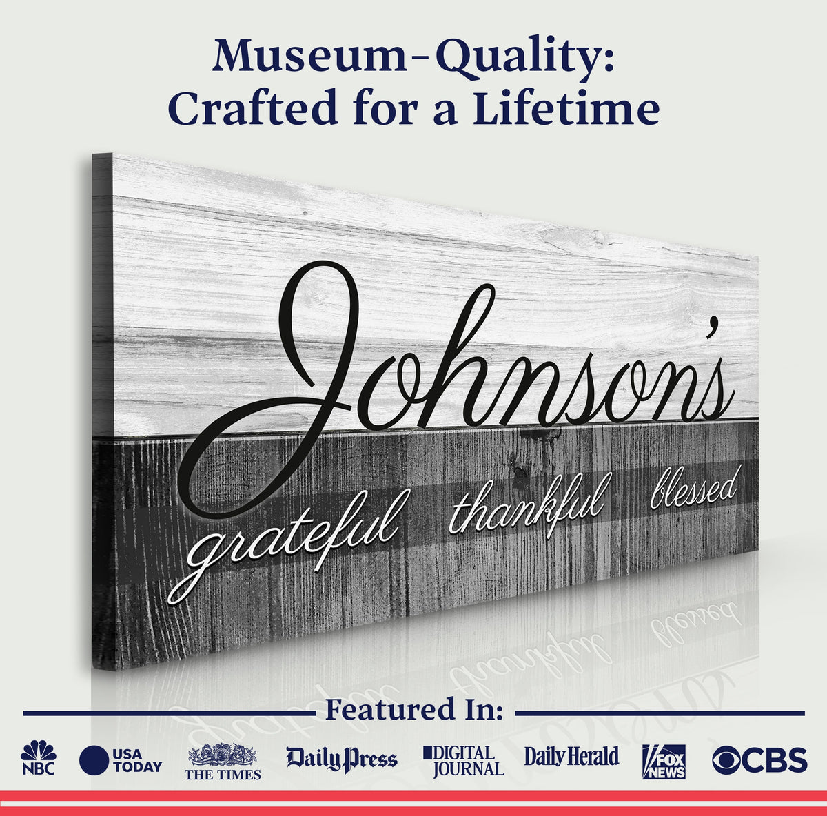 Family Grateful Sign canvas wall art on distressed wood plank backdrop by Tailored Canvases on Tampa Home & Garden Store