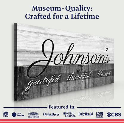 Family Grateful Sign canvas wall art on distressed wood plank backdrop by Tailored Canvases on Tampa Home & Garden Store