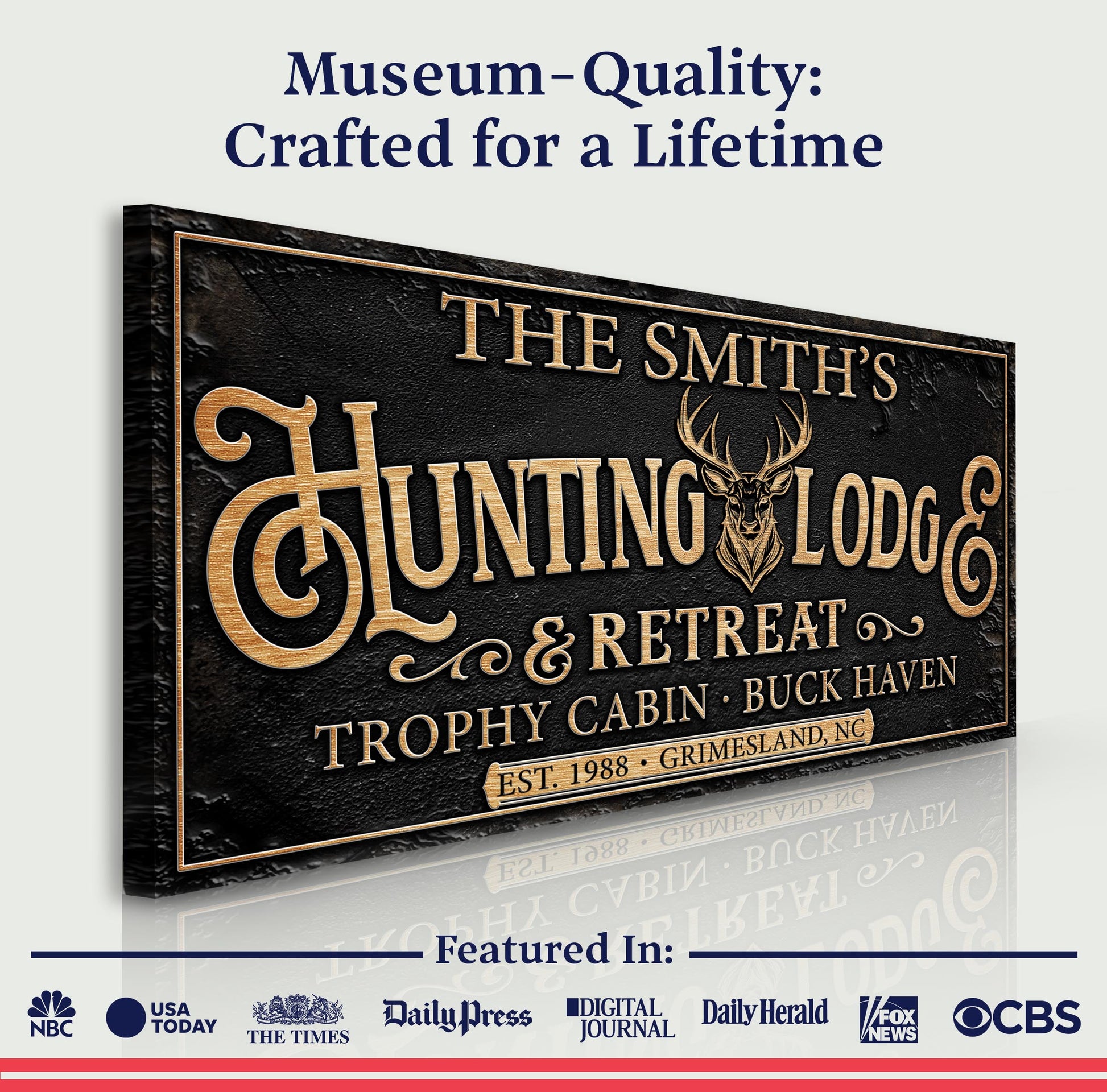 Canvas sign Family Hunting Lodge with black background and gold lettering and deer crest on Tampa Home & Garden Store