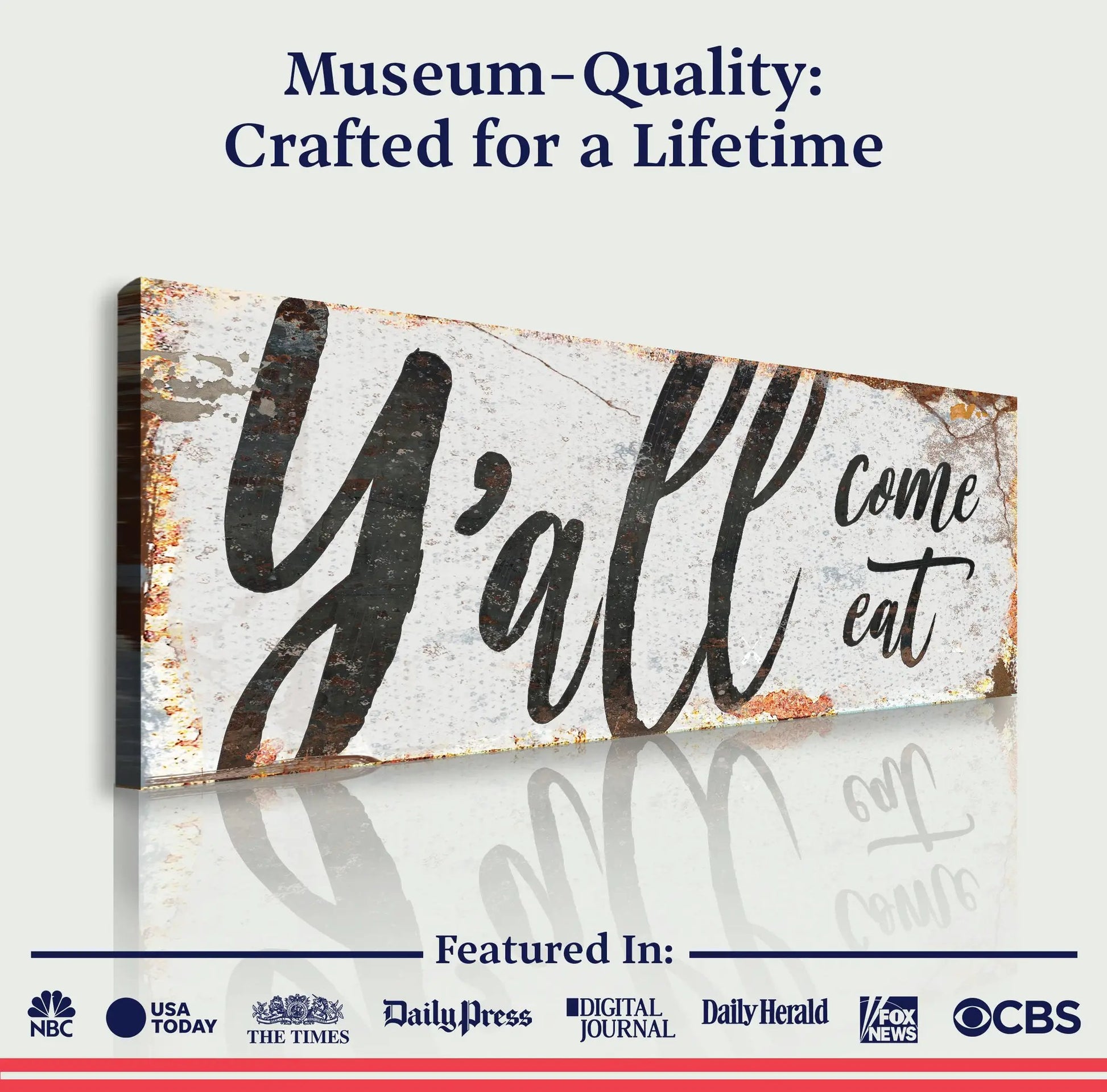 Y'all Come Eat canvas sign by Tailored Canvases; rustic distressed background with bold script Welcome on Tampa Home & Garden Store