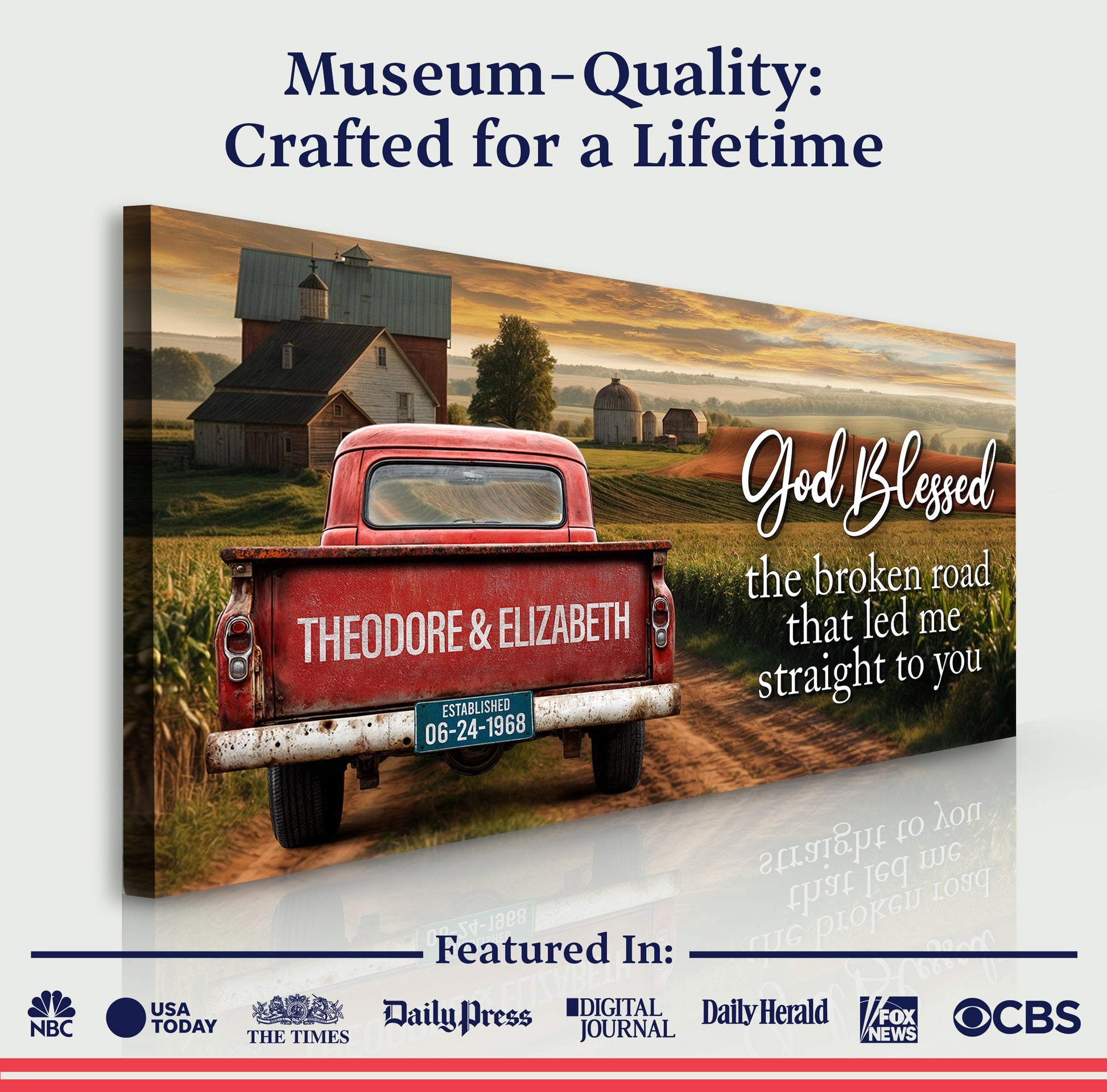 Custom Vintage Truck Couple Sign canvas by Tailored Canvases featuring a red truck on a country road on Tampa Home & Garden Store