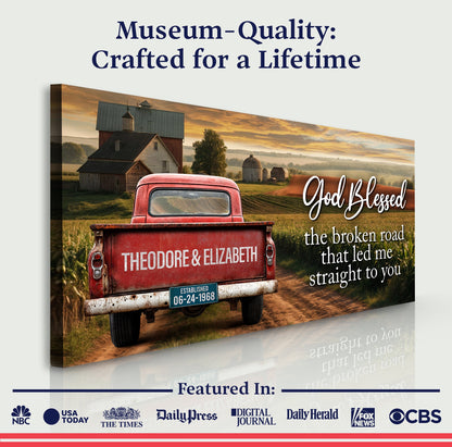 Custom Vintage Truck Couple Sign canvas by Tailored Canvases featuring a red truck on a country road on Tampa Home & Garden Store