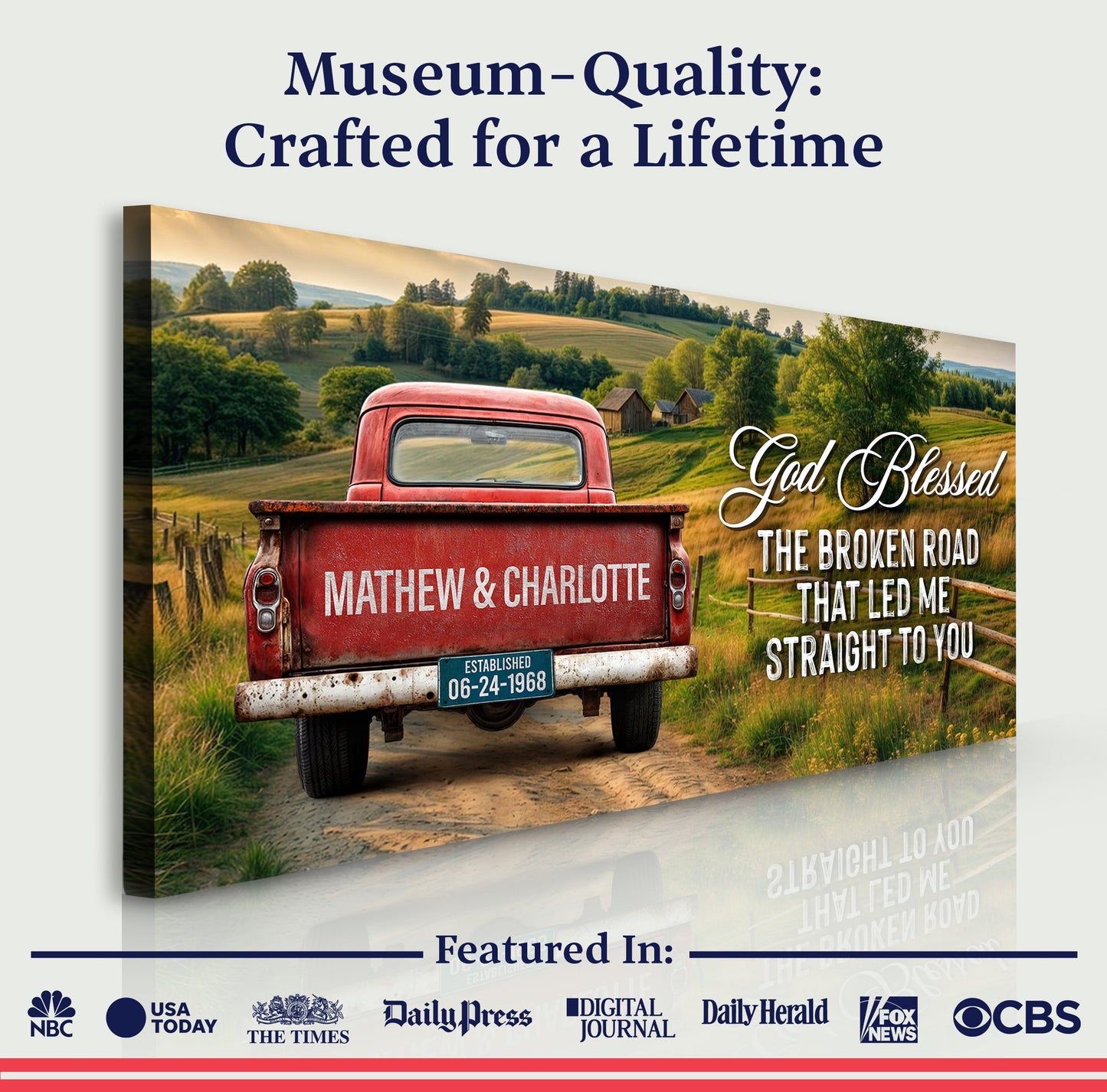Canvas: Custom Vintage Truck Couple Sign III by Tailored Canvases, red truck on rural farmland on Tampa Home & Garden Store