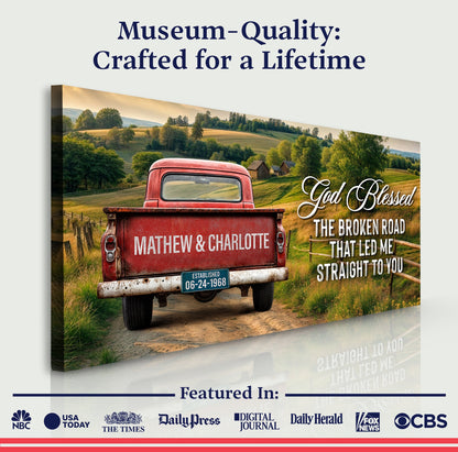 Canvas: Custom Vintage Truck Couple Sign III by Tailored Canvases, red truck on rural farmland on Tampa Home & Garden Store