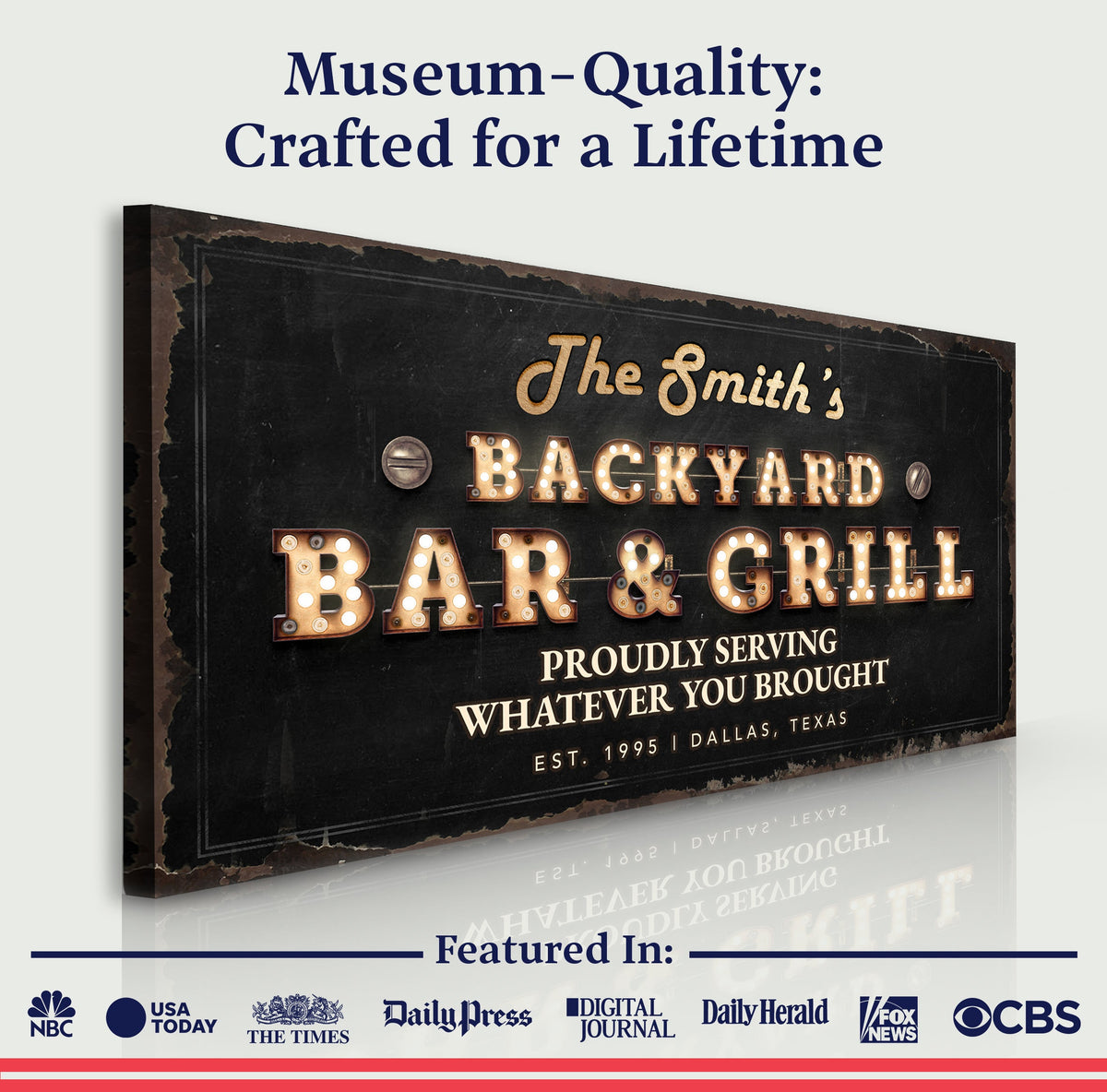 Backyard Bar & Grill Sign XVIII canvas by Tailored Canvases; distressed black board with marquee lighted BAR & GRILL lettering on Tampa Home & Garden Store