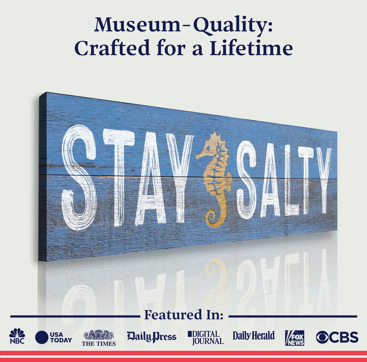 Stay Salty Coastal Sign VII canvas with distressed white lettering on blue wood background on Tampa Home & Garden Store