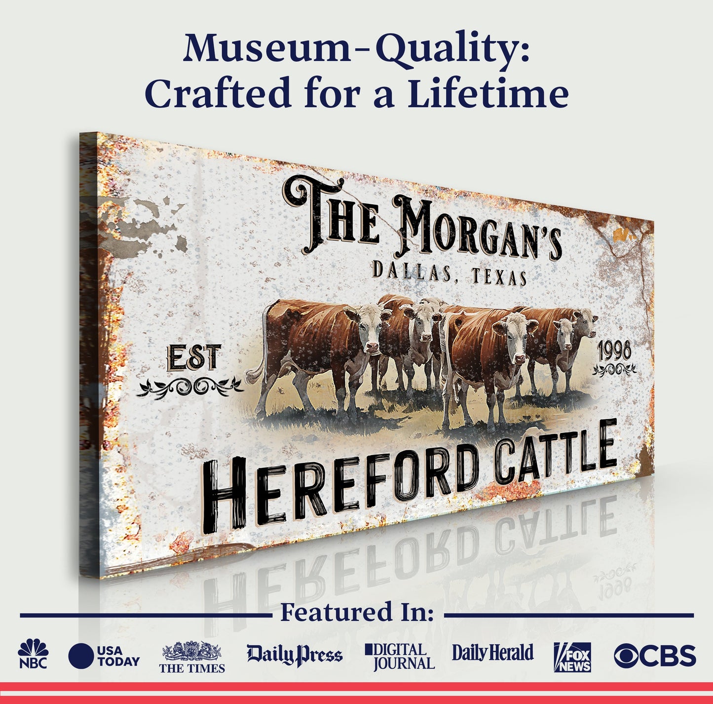 Personalized Hereford Cattle Sign II canvas by Tailored Canvases, rustic farm art on Tampa Home & Garden Store