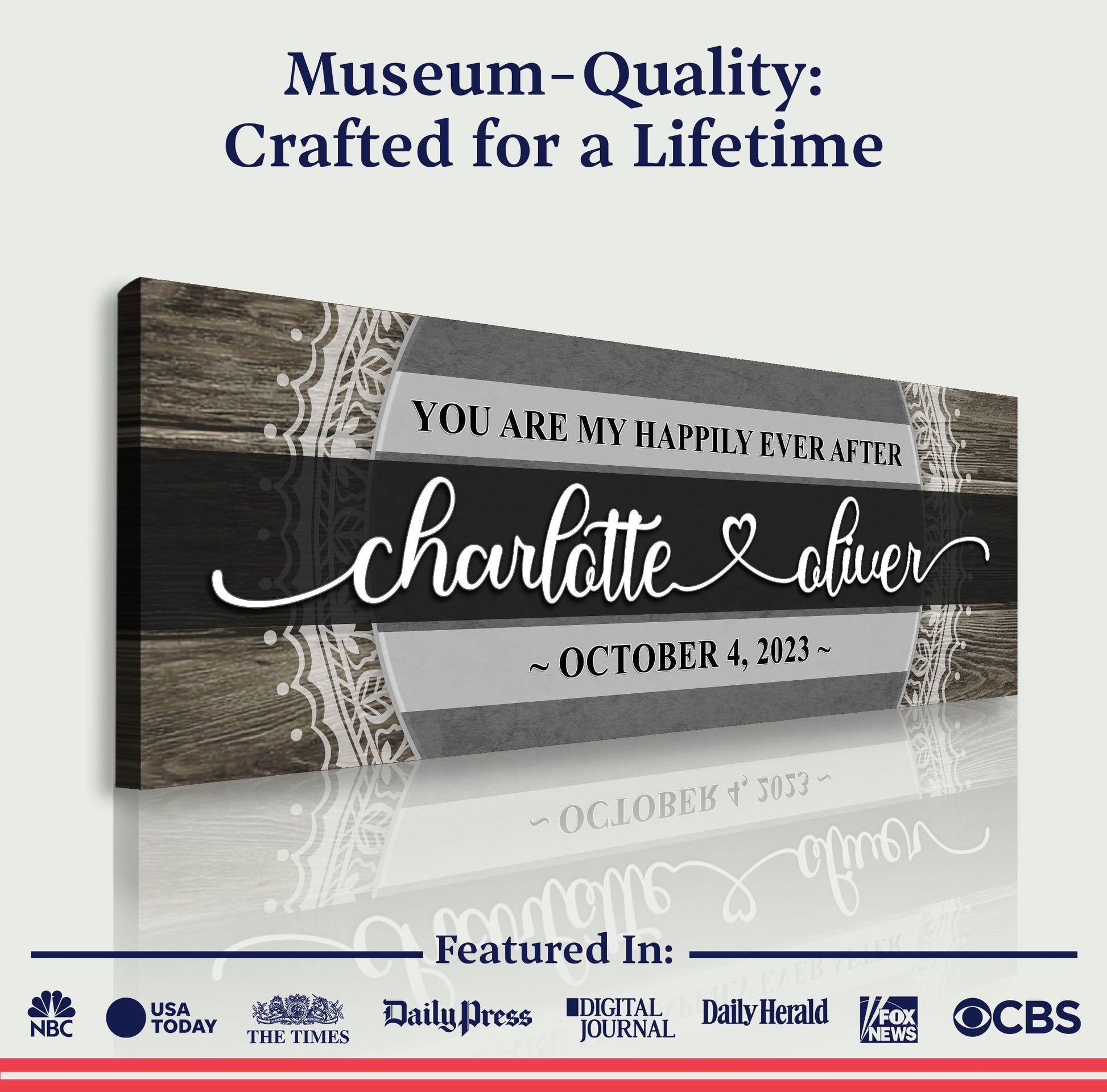 Personalized Happily Ever After Couple Sign VI canvas with wood frame and cursive names on Tampa Home & Garden Store