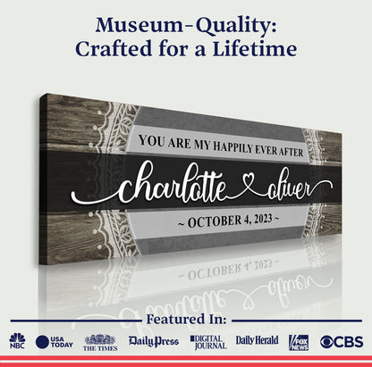 Personalized Happily Ever After Couple Sign VI canvas with wood frame and cursive names on Tampa Home & Garden Store