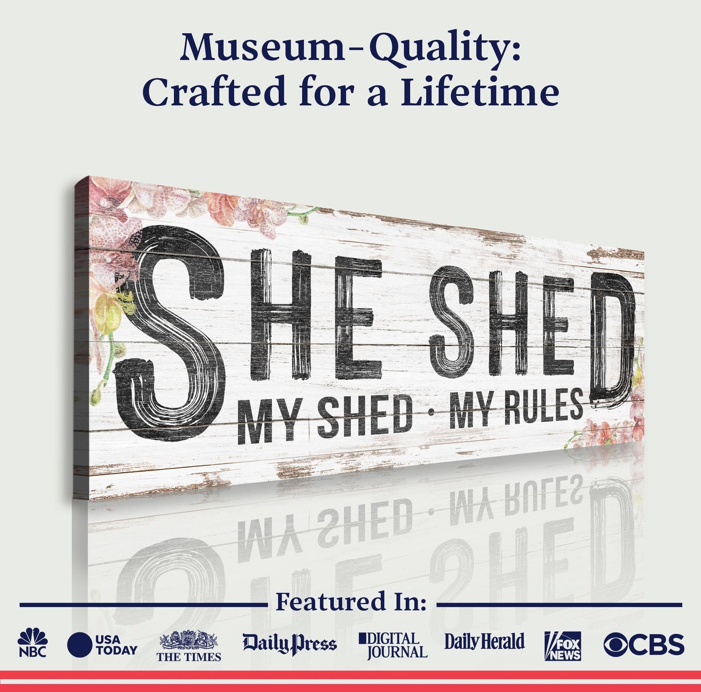 Personalized She Shed XIV canvas with distressed white wood and bold SHE SHED lettering on Tampa Home & Garden Store