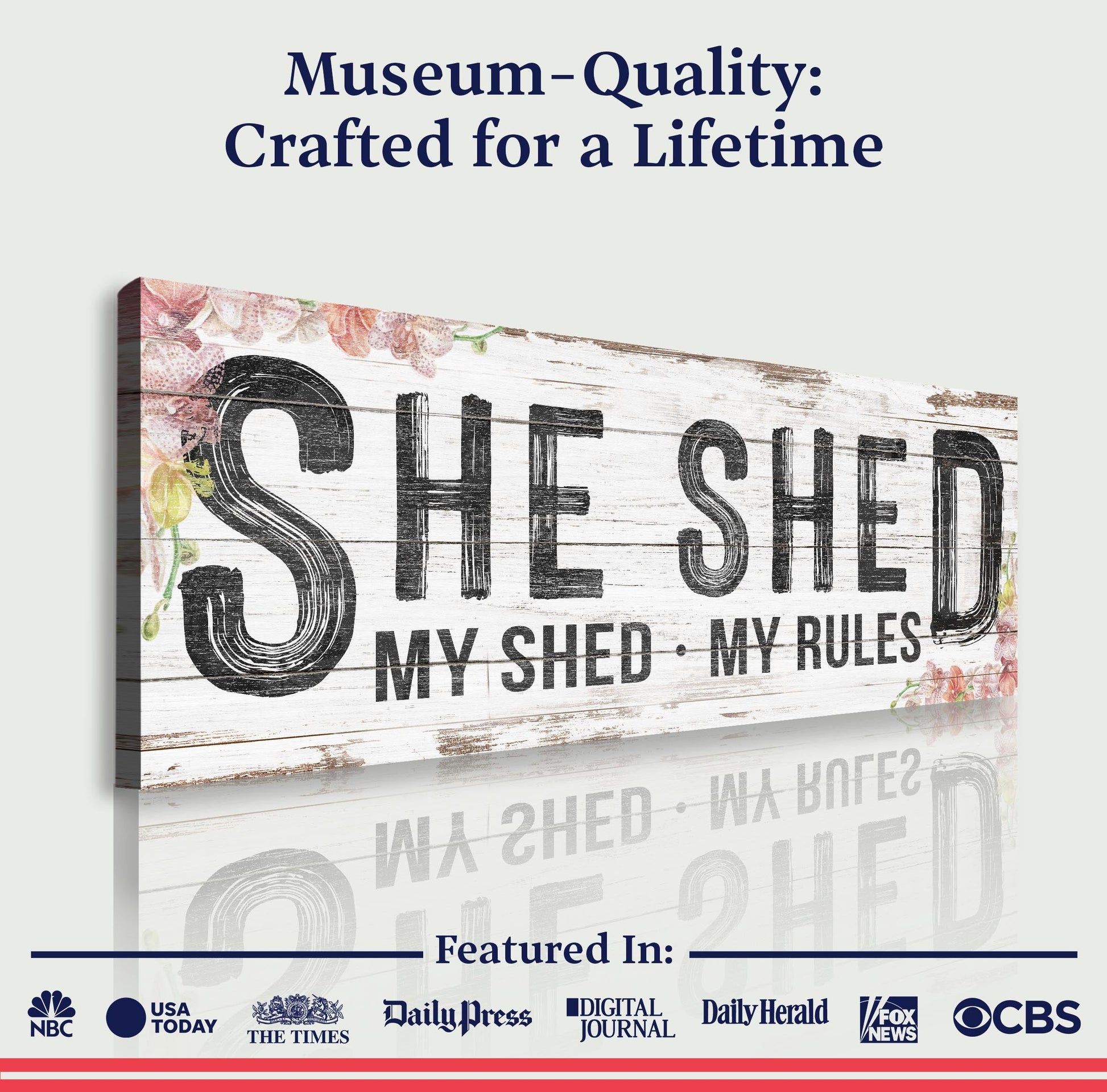 Personalized She Shed XIV canvas with distressed white wood and bold SHE SHED lettering on Tampa Home & Garden Store