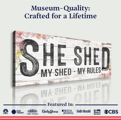 Personalized She Shed XIV canvas with distressed white wood and bold SHE SHED lettering on Tampa Home & Garden Store