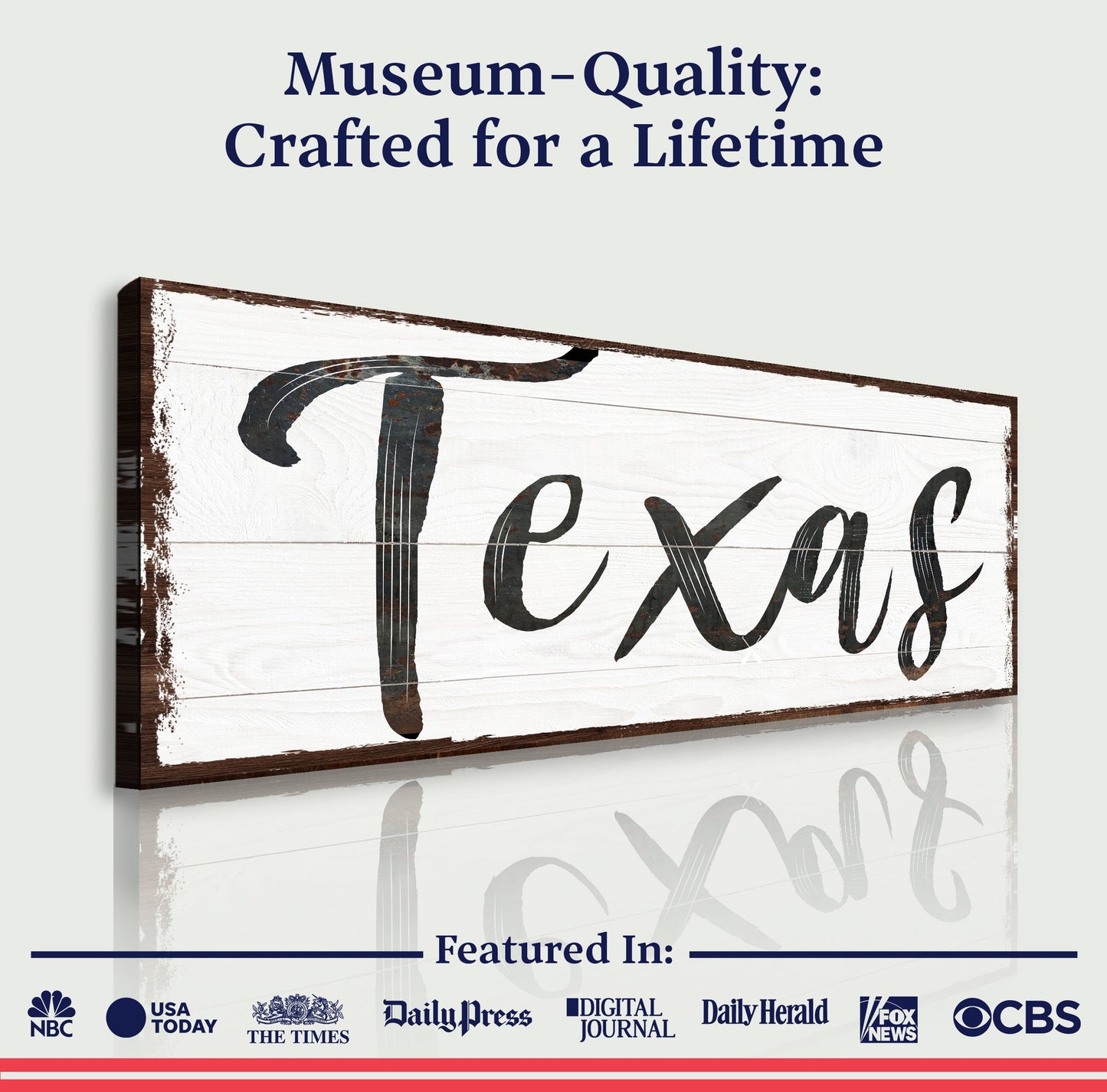 Texas Home Sign III canvas by Tailored Canvases on rustic white wood with script text on Tampa Home & Garden Store