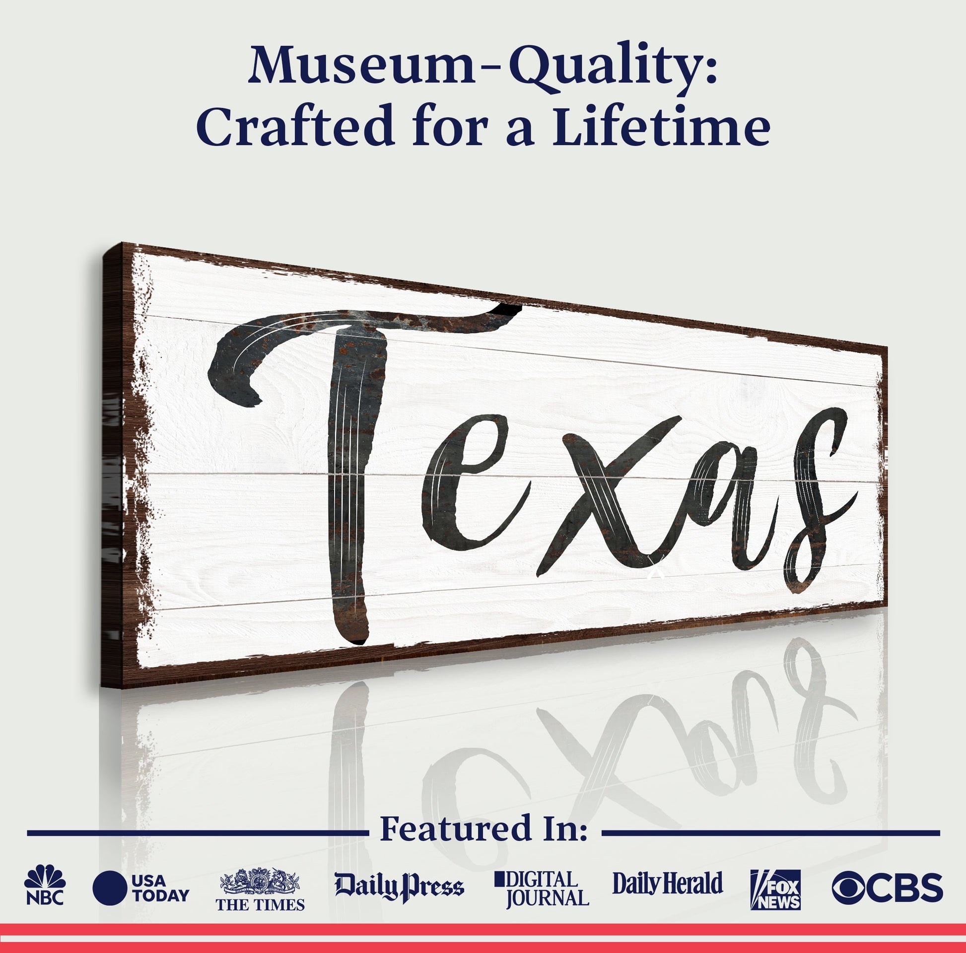Texas Home Sign III canvas by Tailored Canvases on rustic white wood with script text on Tampa Home & Garden Store