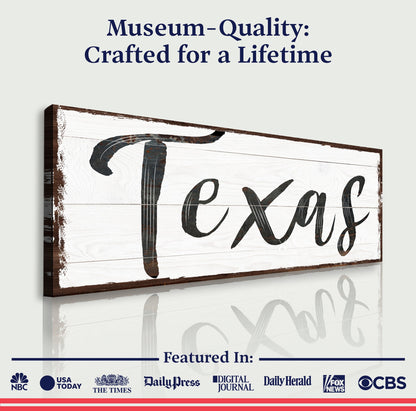 Texas Home Sign III canvas by Tailored Canvases on rustic white wood with script text on Tampa Home & Garden Store