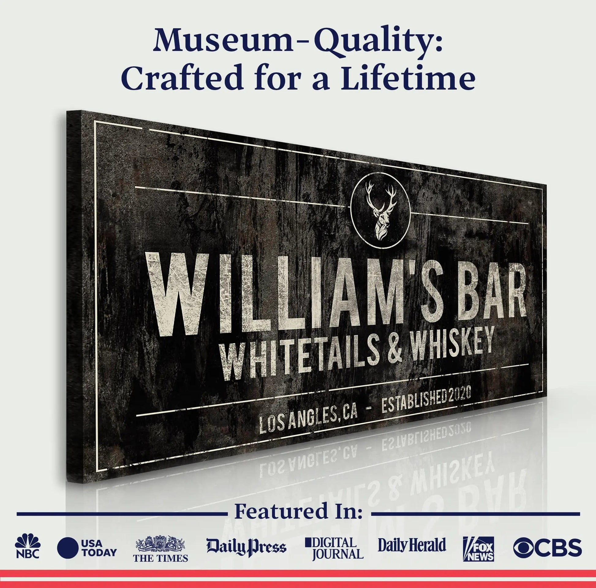 Whitetails and Whiskey Sign canvas by Tailored Canvases with distressed black deer emblem on Tampa Home & Garden Store