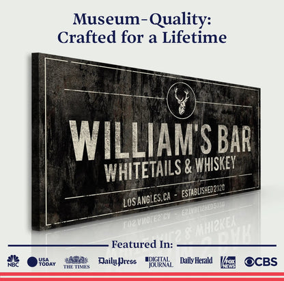 Whitetails and Whiskey Sign canvas by Tailored Canvases with distressed black deer emblem on Tampa Home & Garden Store