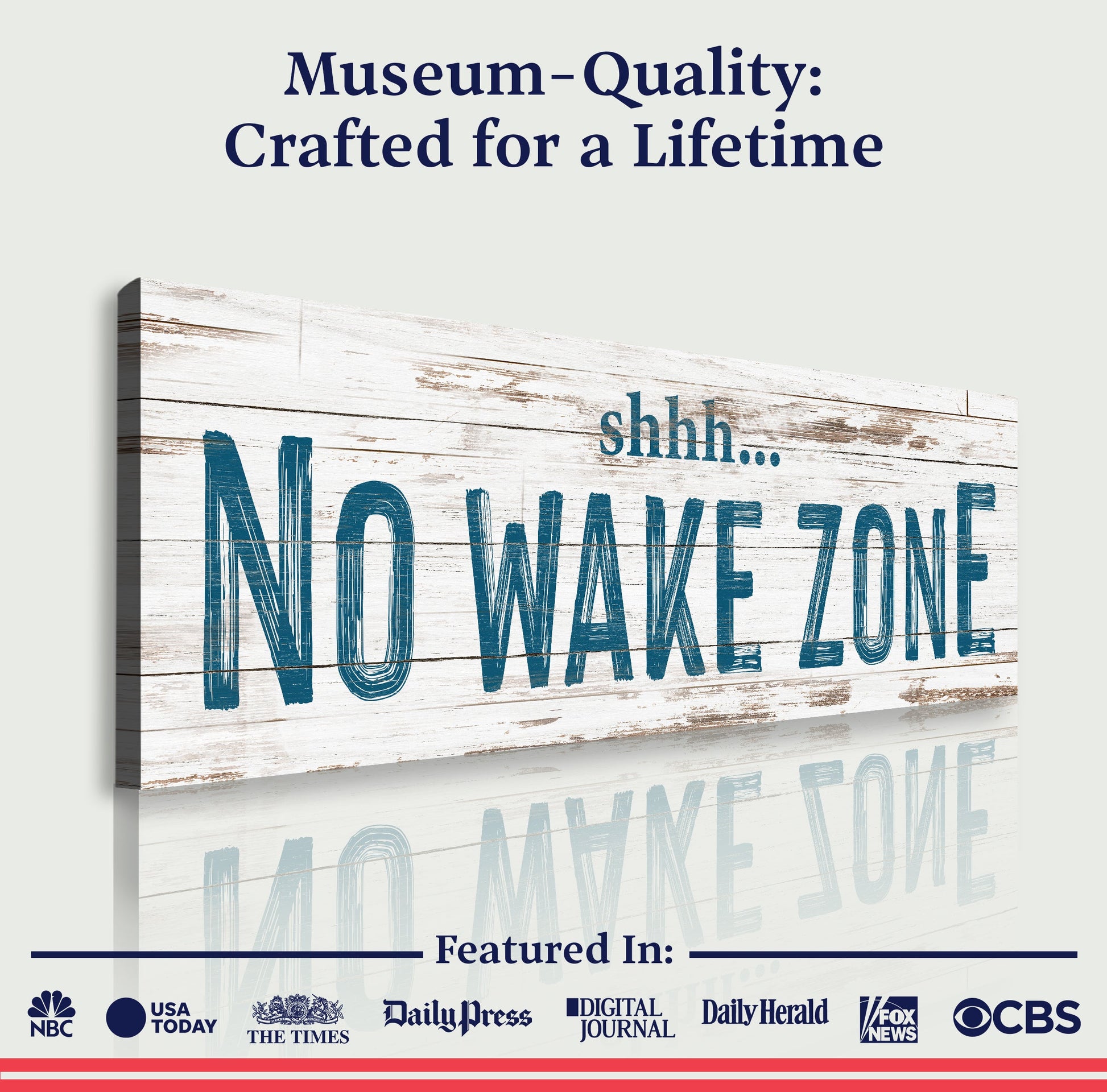 No Wake Zone sign canvas with distressed wood and bold blue lettering Tailored Canvases on Tampa Home & Garden Store