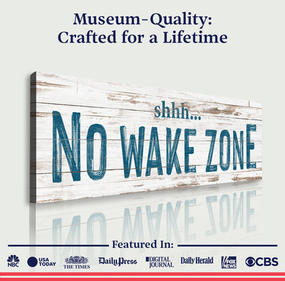 No Wake Zone sign canvas with distressed wood and bold blue lettering Tailored Canvases on Tampa Home & Garden Store