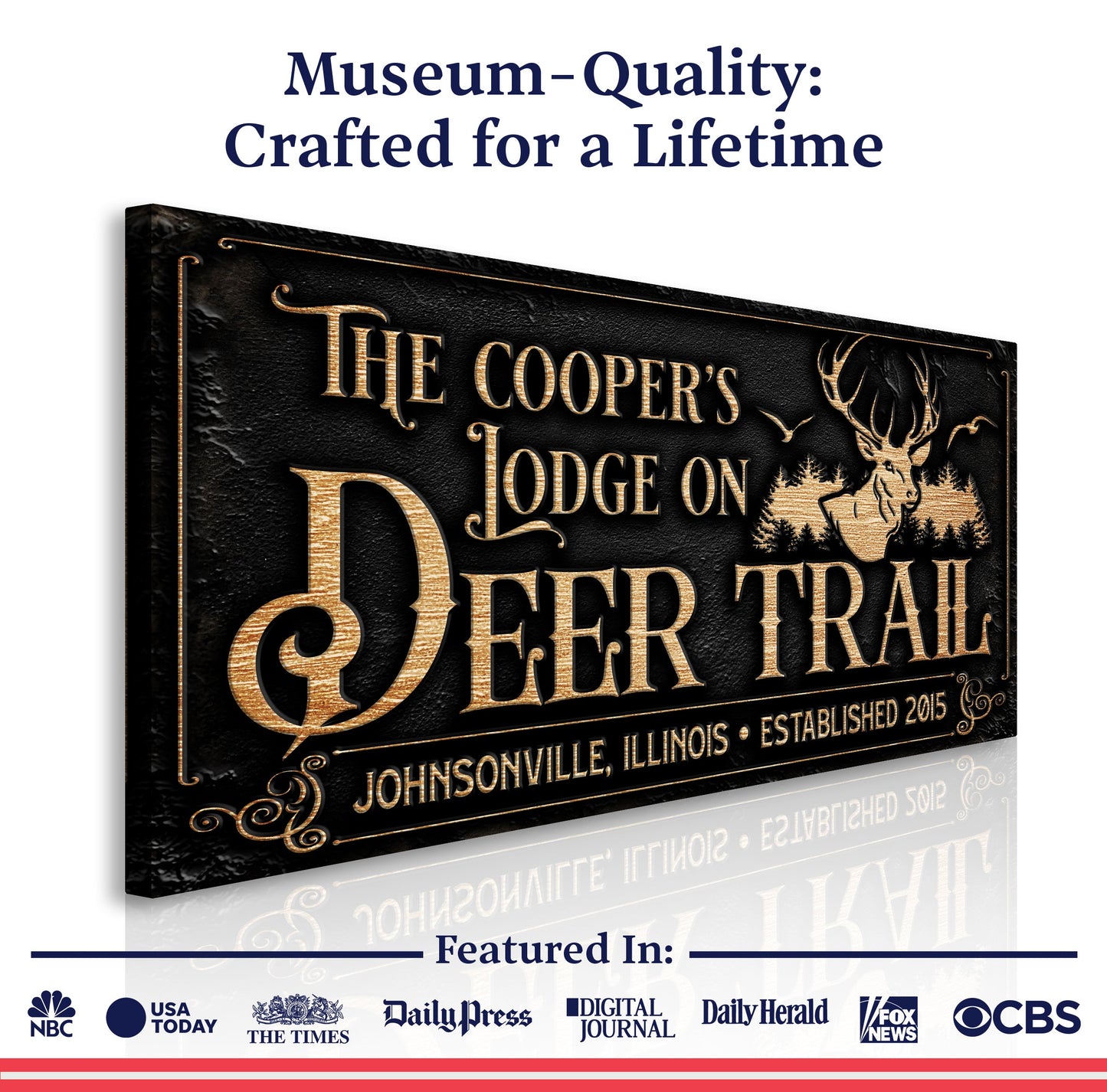 Hunting Lodge Sign canvas by Tailored Canvases with black backdrop and gold lettering deer motif on Tampa Home & Garden Store