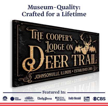 Hunting Lodge Sign canvas by Tailored Canvases with black backdrop and gold lettering deer motif on Tampa Home & Garden Store