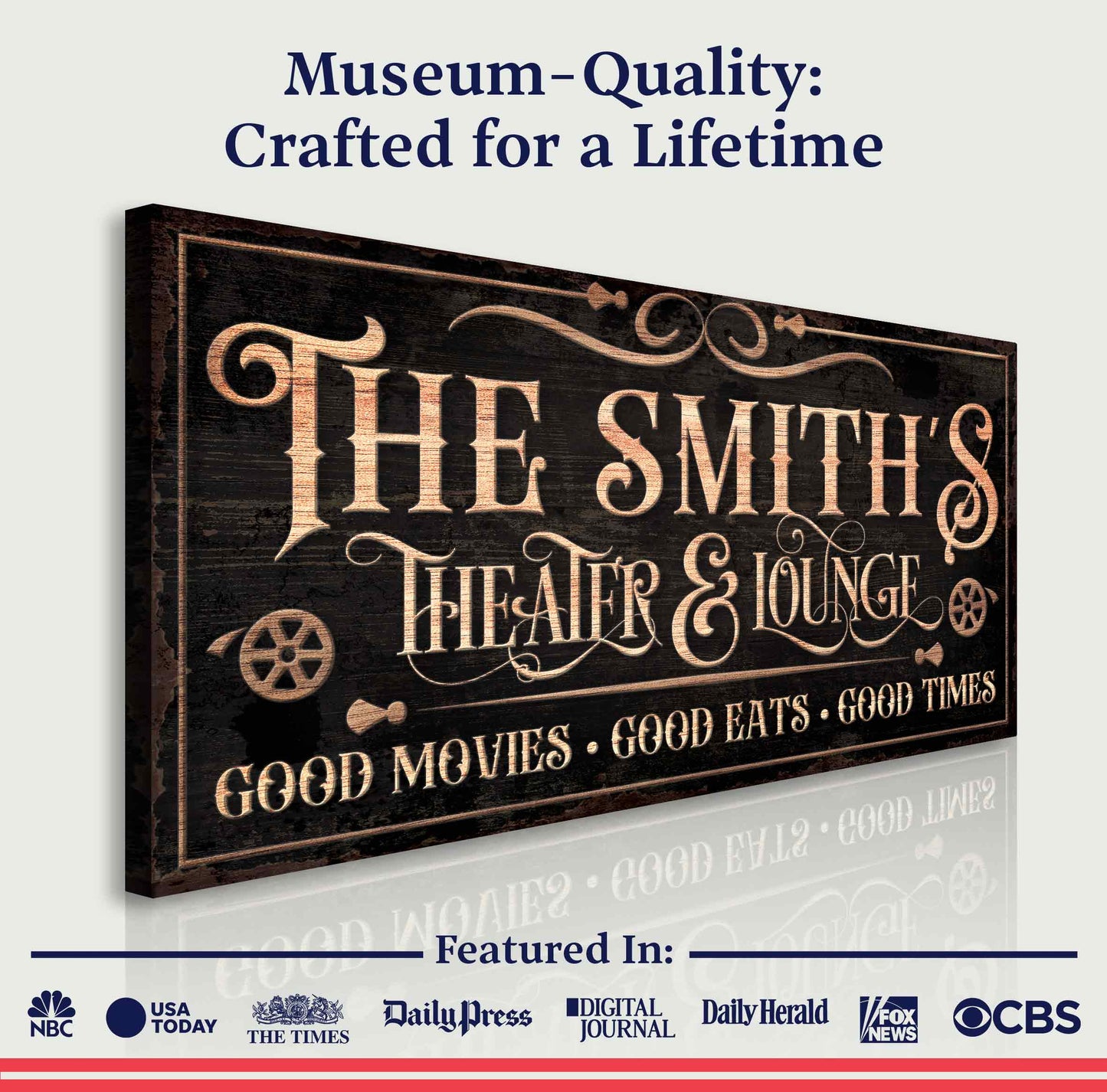 Personalized Theater Sign V canvas by Tailored Canvases with copper typography on dark wood on Tampa Home & Garden Store