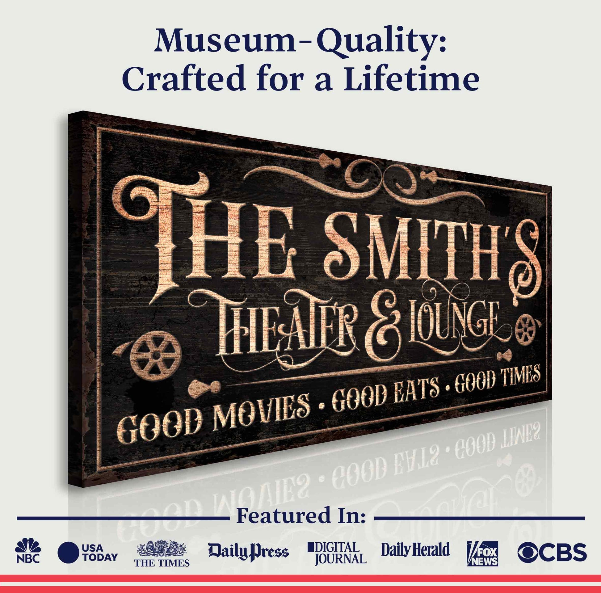 Personalized Theater Sign V canvas by Tailored Canvases with copper typography on dark wood on Tampa Home & Garden Store