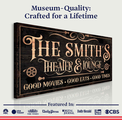 Personalized Theater Sign V canvas by Tailored Canvases with copper typography on dark wood on Tampa Home & Garden Store