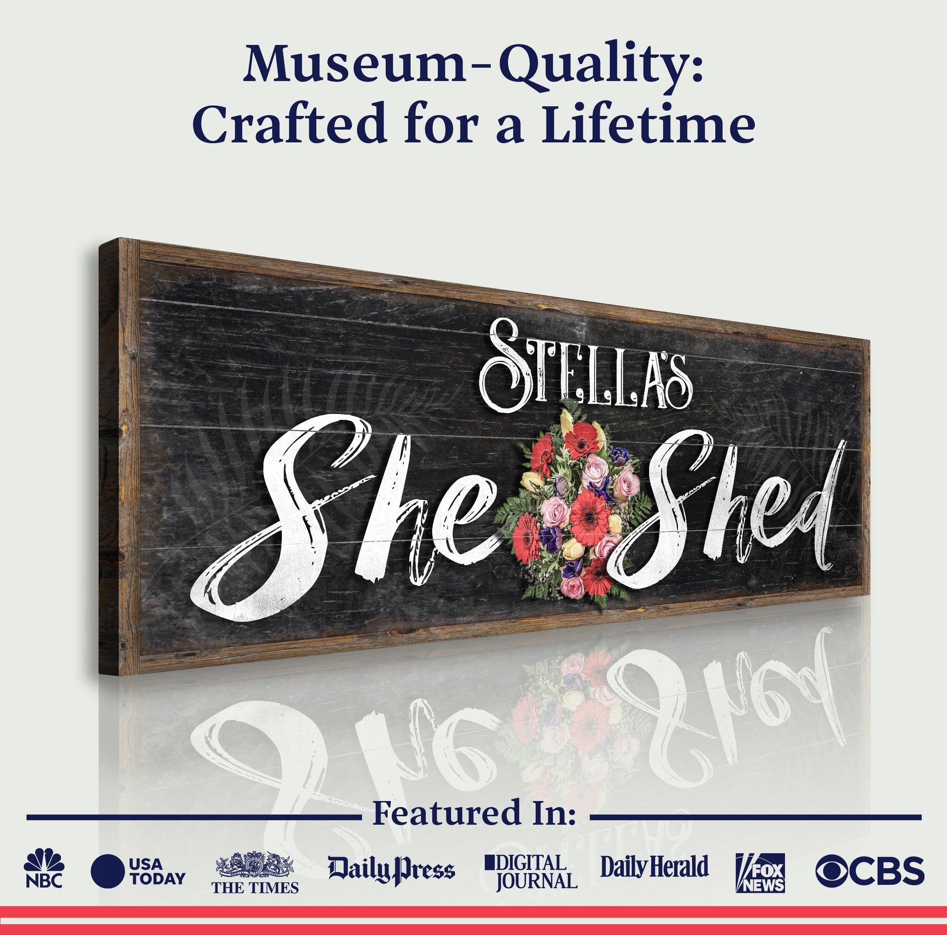 Personalized She Shed Sign canvas by Tailored Canvases; white script with floral bouquet on frame on Tampa Home & Garden Store