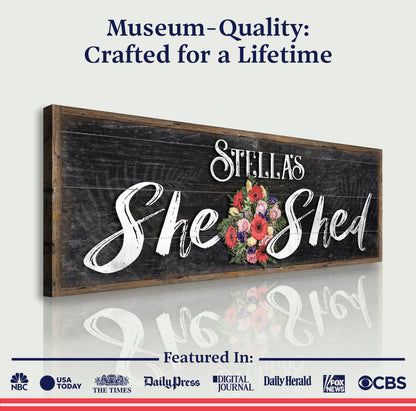 Personalized She Shed Sign canvas by Tailored Canvases; white script with floral bouquet on frame on Tampa Home & Garden Store