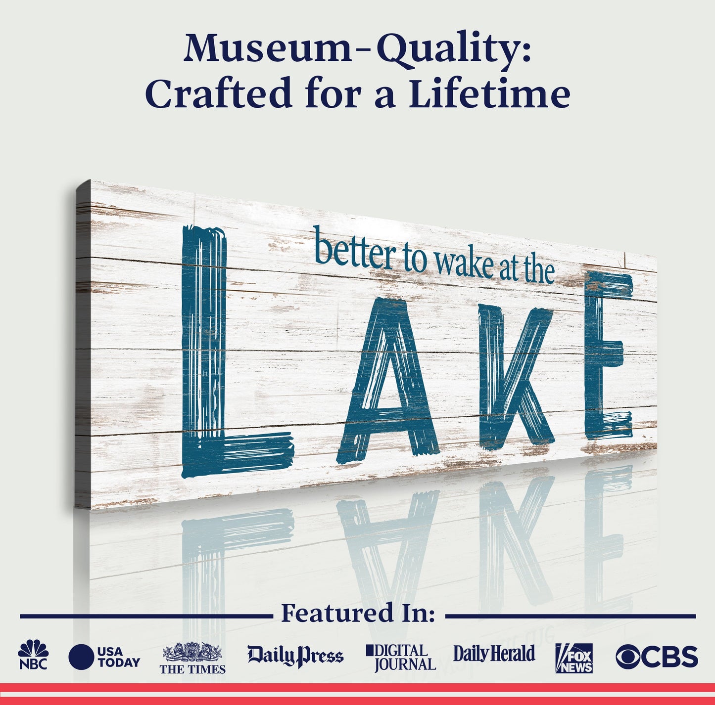Better To Wake At The Lake Sign II canvas with rustic wood backdrop and blue lettering on Tampa Home & Garden Store