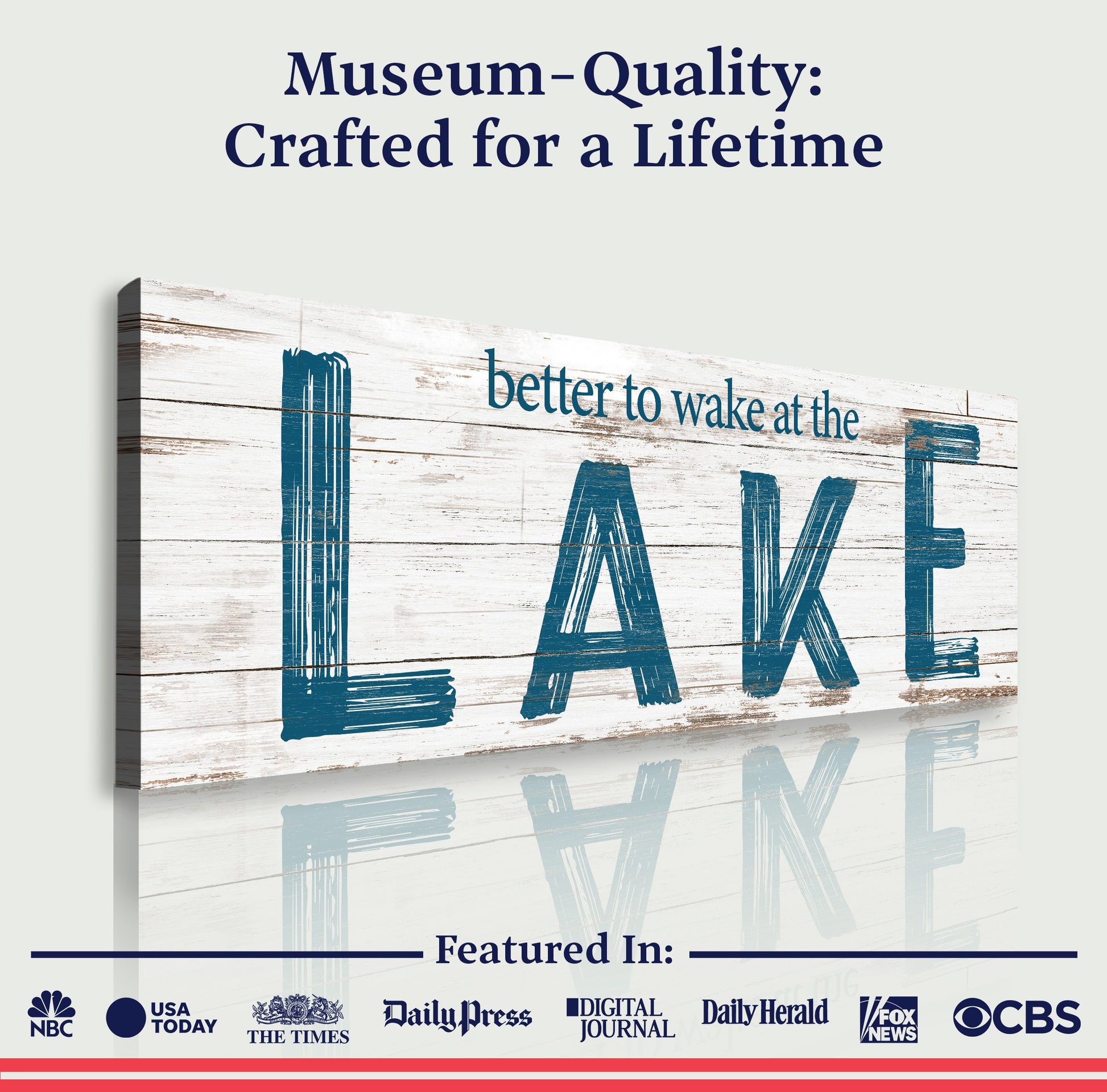 Better To Wake At The Lake Sign II canvas with rustic wood backdrop and blue lettering on Tampa Home & Garden Store