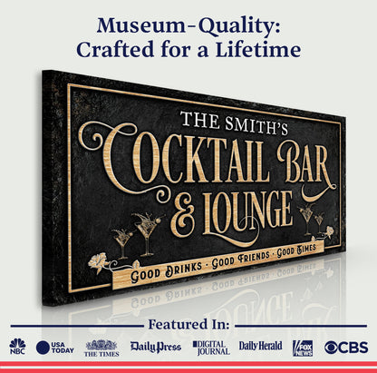 Cocktail Bar & Lounge Sign canvas in black textured with gold ornate lettering by Tailored Canvases on Tampa Home & Garden Store