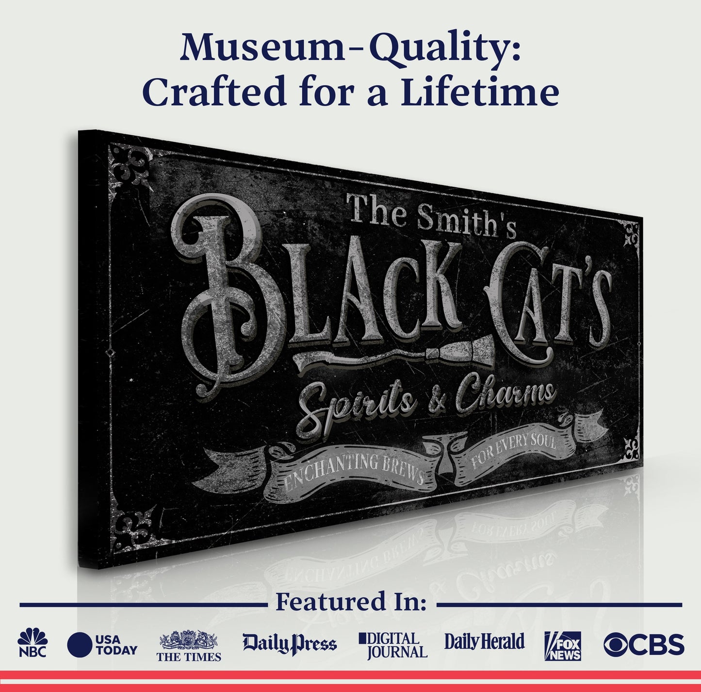 Canvas sign Black Cat’s Spirits & Charms III by Tailored Canvases aged black on Tampa Home & Garden Store