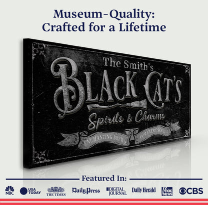 Canvas sign Black Cat’s Spirits & Charms III by Tailored Canvases aged black on Tampa Home & Garden Store