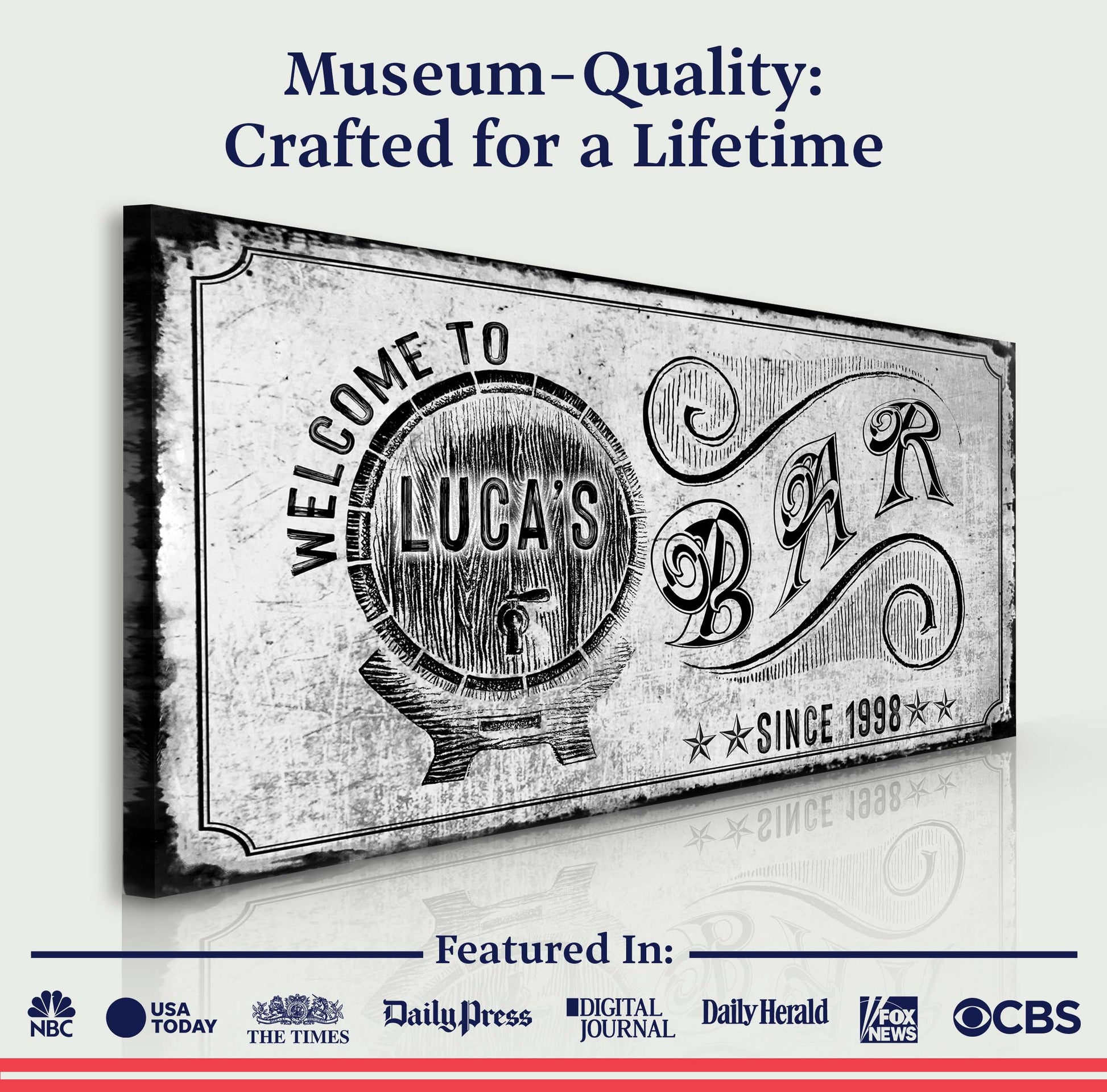 Bar Sign canvas by Tailored Canvases; vintage black-and-white liquor label design on crafting canvas on Tampa Home & Garden Store