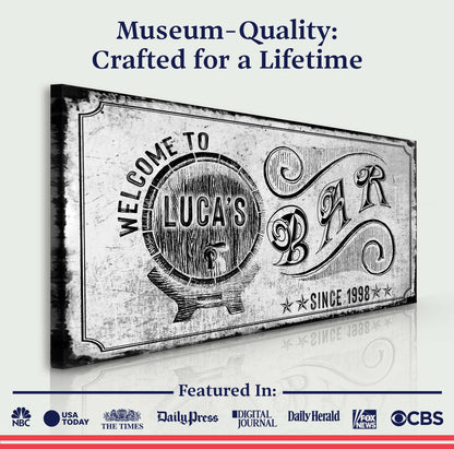 Bar Sign canvas by Tailored Canvases; vintage black-and-white liquor label design on crafting canvas on Tampa Home & Garden Store