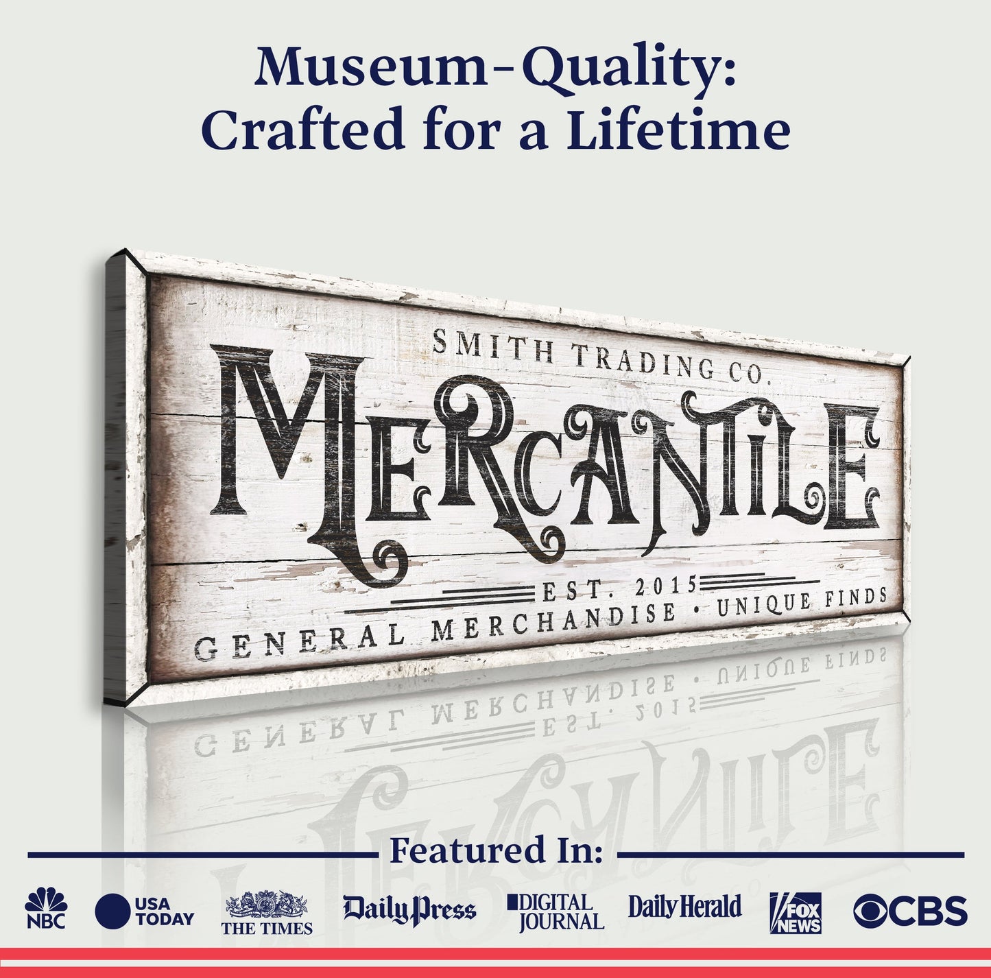 Personalized Mercantile Sign canvas with wood and black typography Tailored Canvases on Tampa Home & Garden Store