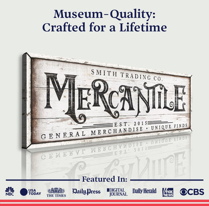 Personalized Mercantile Sign canvas with wood and black typography Tailored Canvases on Tampa Home & Garden Store