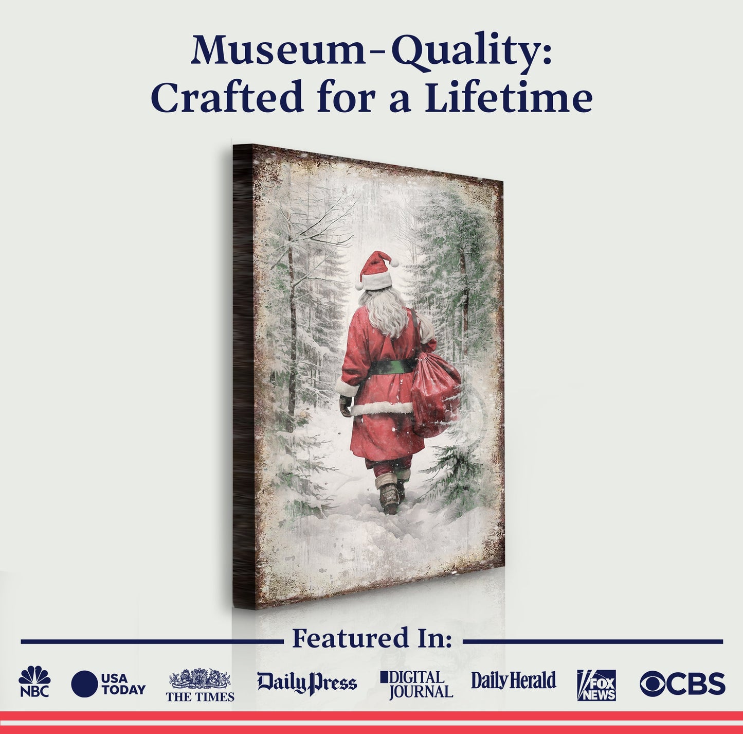 Vintage Christmas Santa Wall Art canvas, red-suited Santa in snowy forest with aged border on Tampa Home & Garden Store