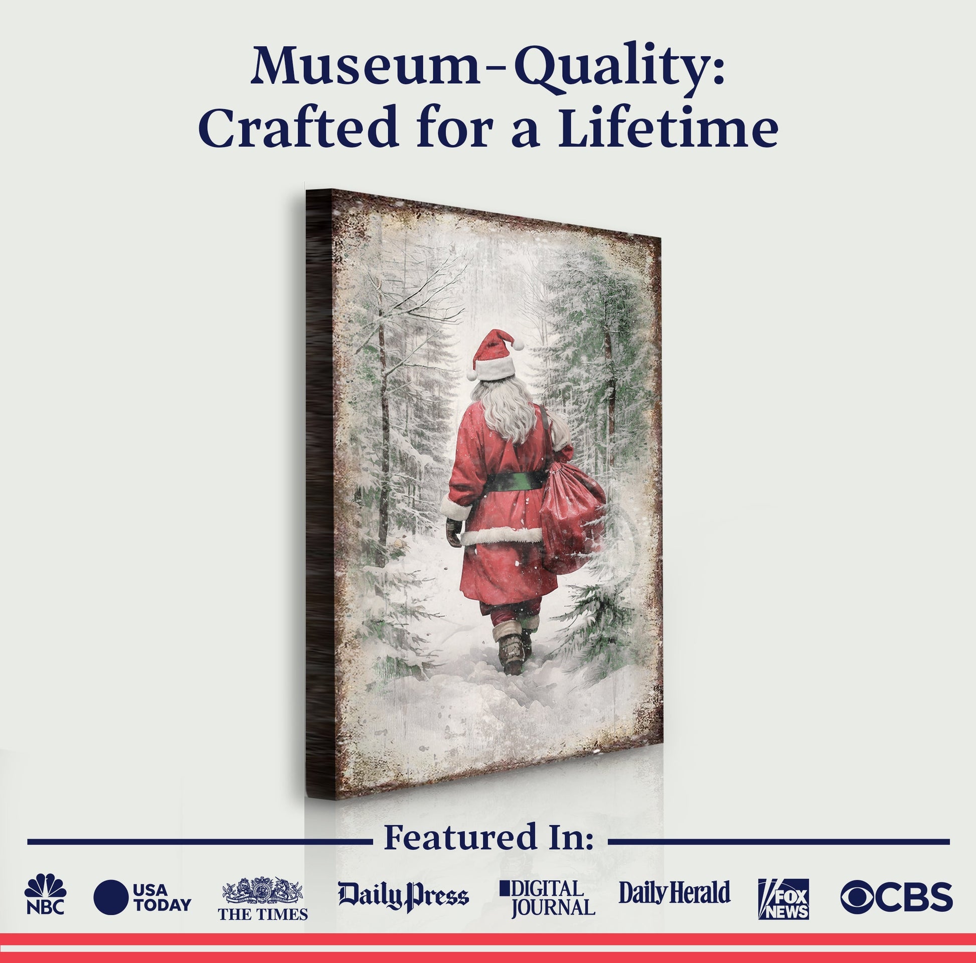 Vintage Christmas Santa Wall Art canvas, red-suited Santa in snowy forest with aged border on Tampa Home & Garden Store