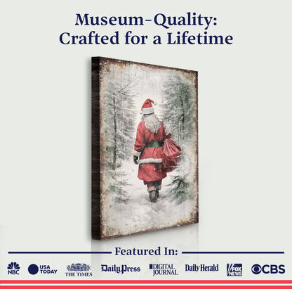 Vintage Christmas Santa Wall Art canvas, red-suited Santa in snowy forest with aged border on Tampa Home & Garden Store