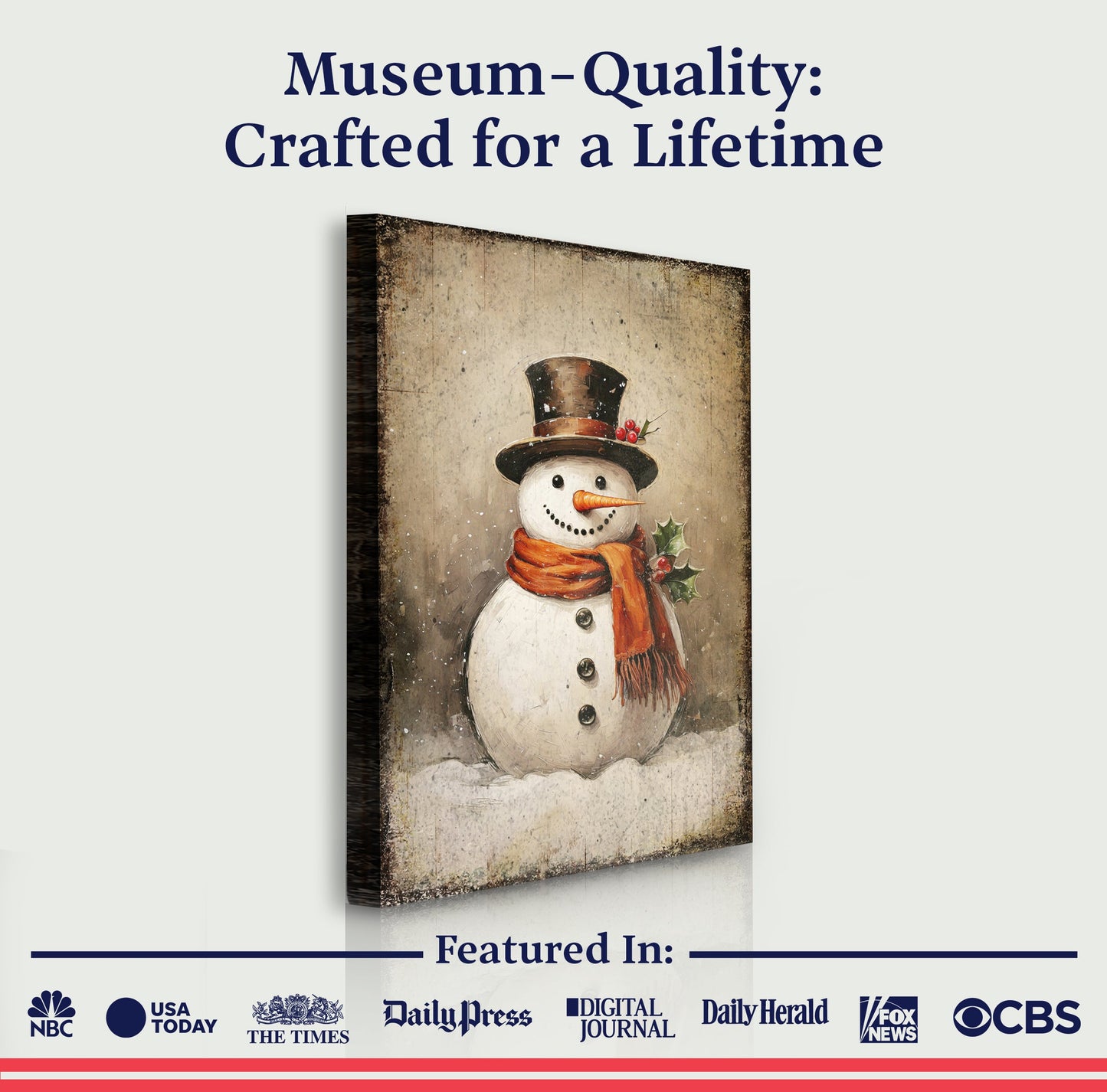 Vintage Snowman Christmas Wall Art IV canvas print by Tailored Canvases, rustic aged backdrop on Tampa Home & Garden Store