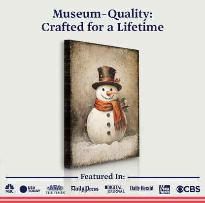 Vintage Snowman Christmas Wall Art IV canvas print by Tailored Canvases, rustic aged backdrop on Tampa Home & Garden Store