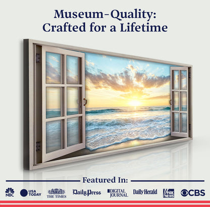 Sunrise Beach Window Scenery Wall Art canvas by Tailored Canvases, sunrise through window on Tampa Home & Garden Store