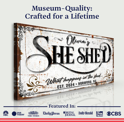 Personalized She Shed XVIII canvas by Tailored Canvases with vintage distressed border on Tampa Home & Garden Store
