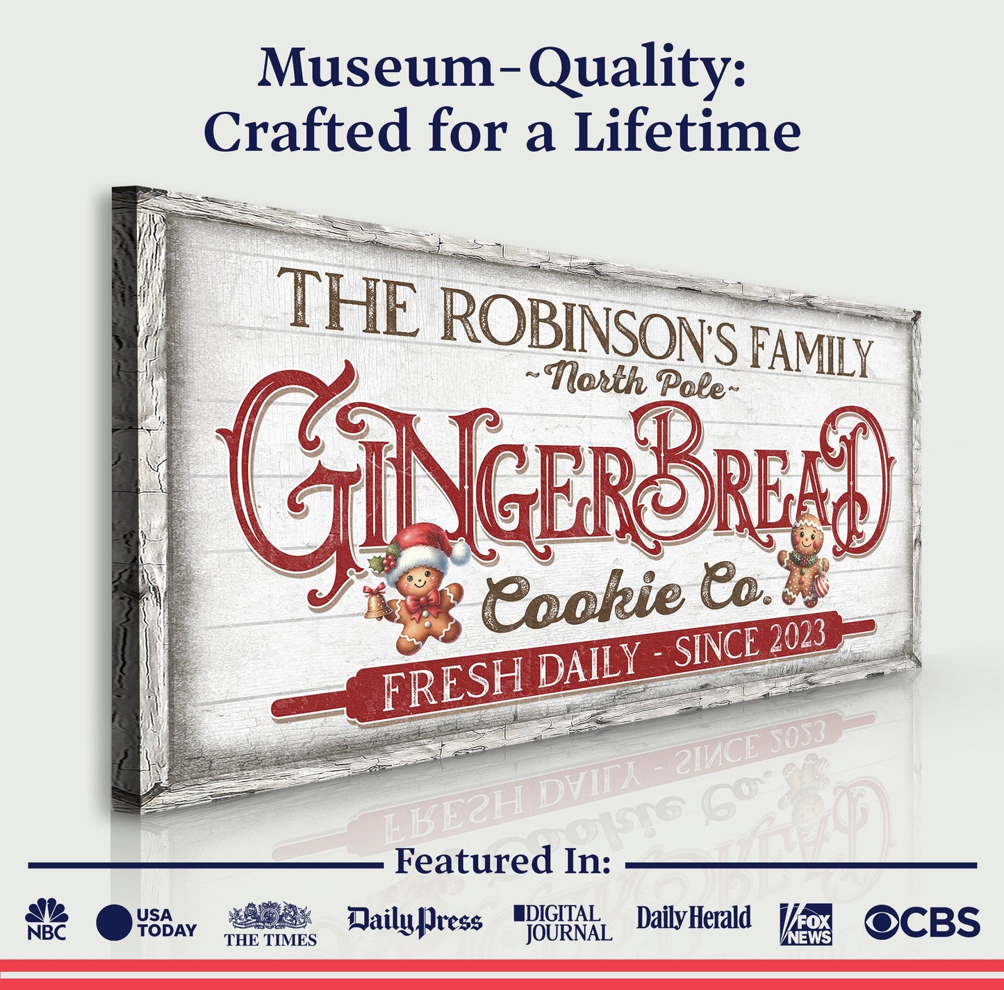 Canvas sign Classic Bakery Sign with distressed white frame, vintage red lettering and gingerbread figures on Tampa Home & Garden Store