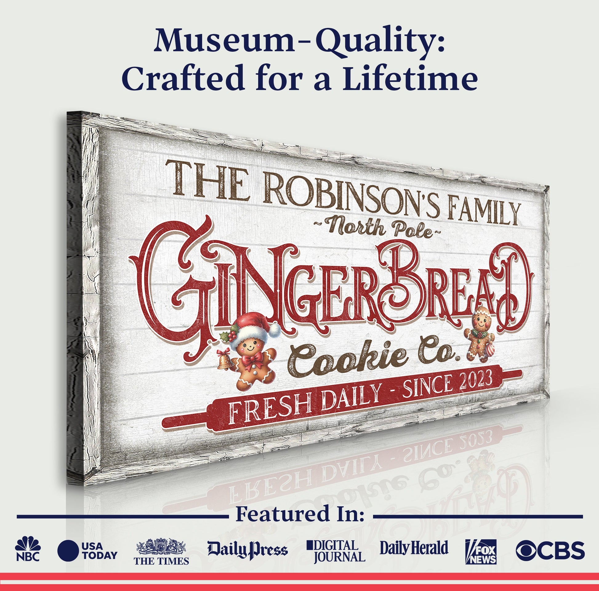 Canvas sign Classic Bakery Sign with distressed white frame, vintage red lettering and gingerbread figures on Tampa Home & Garden Store